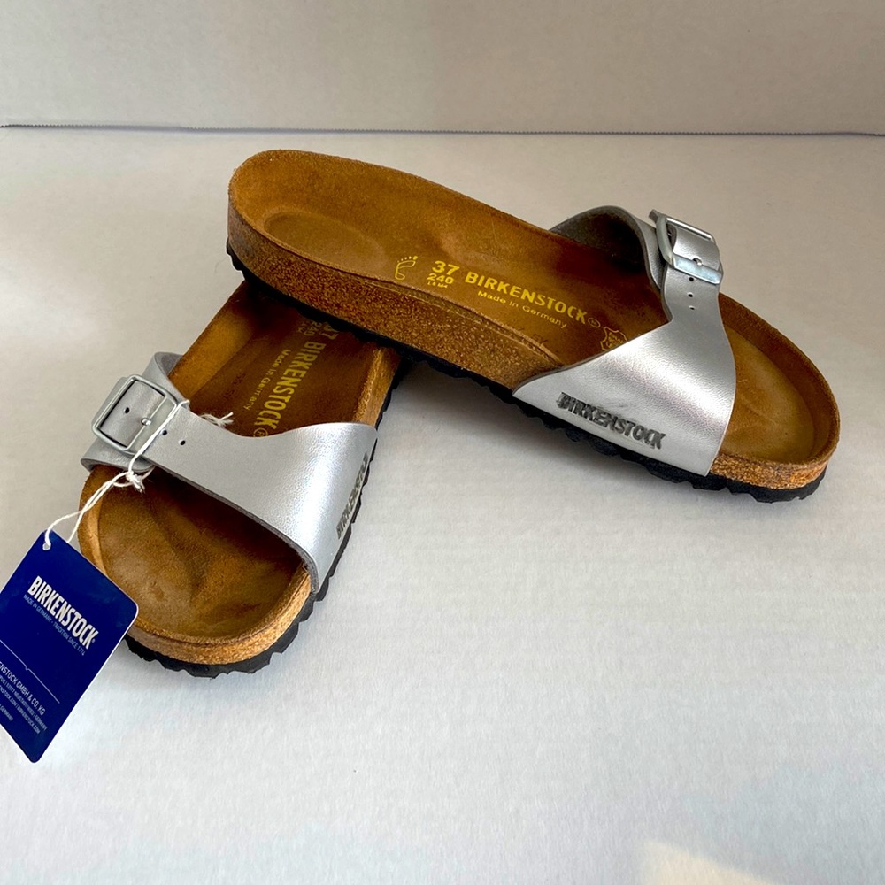Brand NEW silver Birkenstock MADRID slides, EU size 37. US 6.5 - 7